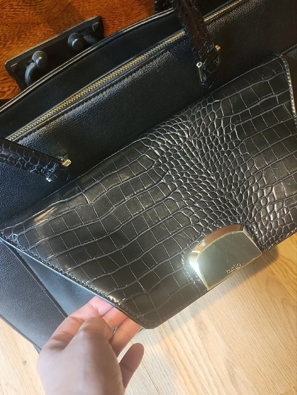 Black Structured Tablet Tote Bag with Croc-Texture Flap